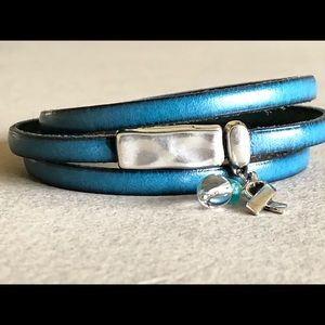 Triple Wrap Leather Teal/Blue and Silver Bracelet